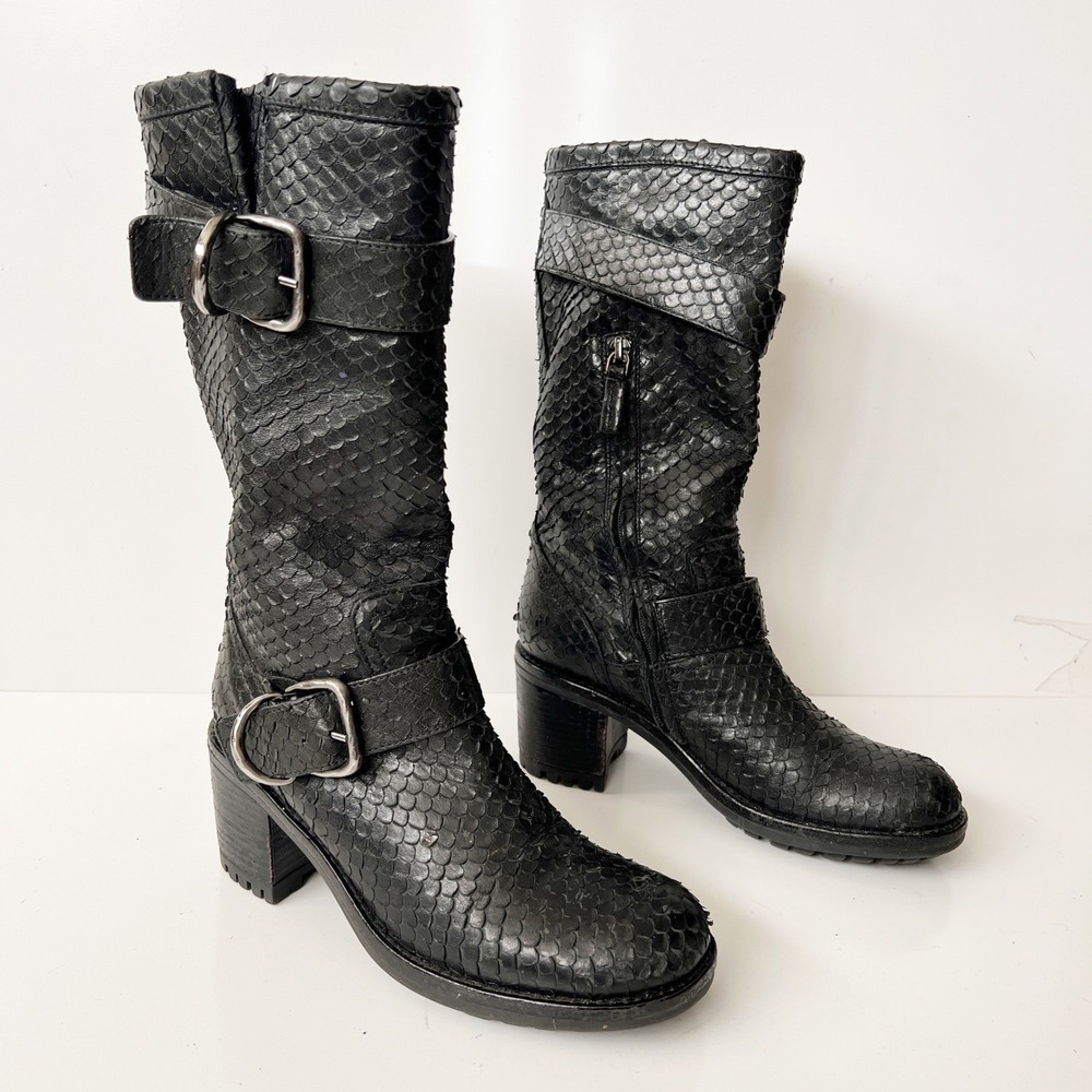 Vintage Black Snakeskin Leather Mid Calf Tall Chunky Biker Buckle Boots Size 6